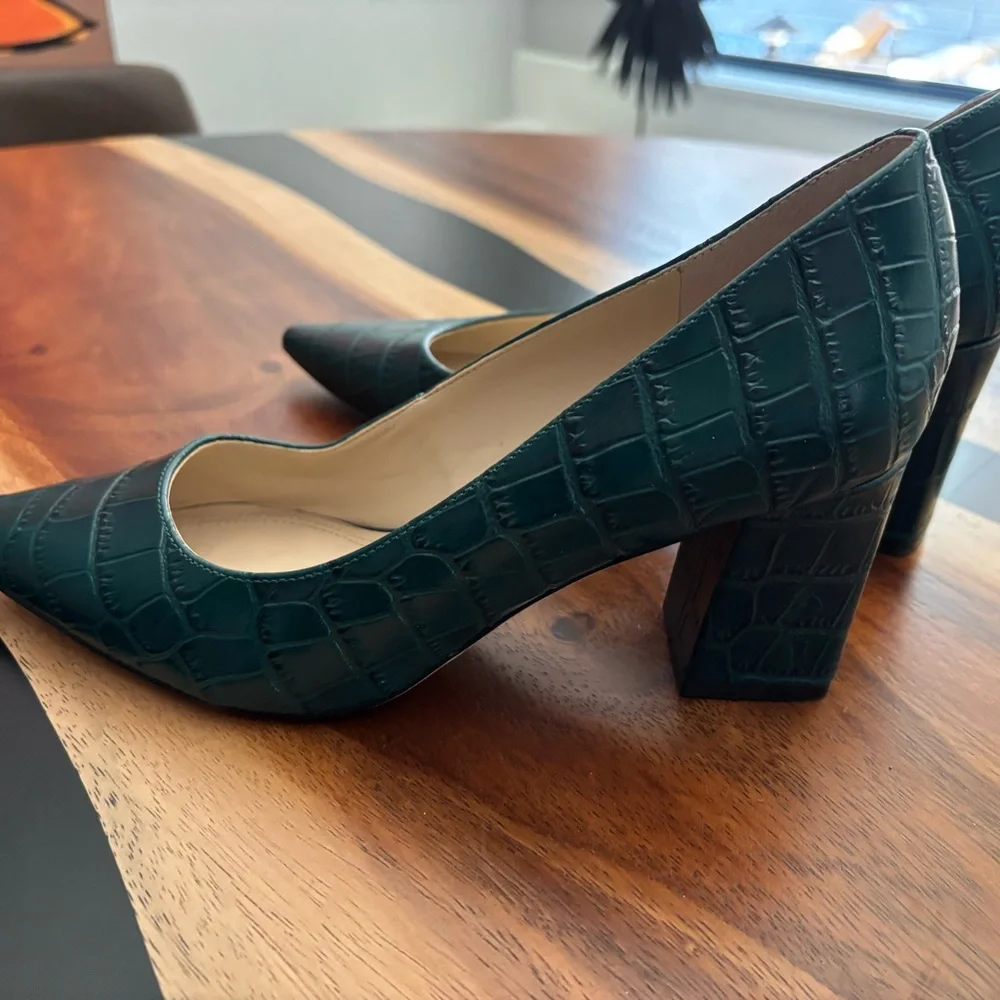 Marc Fisher Teal Croc-Embossed Block Heel Pumps - Picture 3 of 5